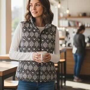 Coldwater Creek Fair Isle Quilted Zip Vest Women's Size 1X Gray Full Zip Jacket